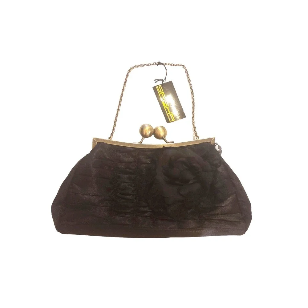 Vintage Sasha Women’s Gold Black Flower Clutch Wallet Coin Bag Purse NOS NWT